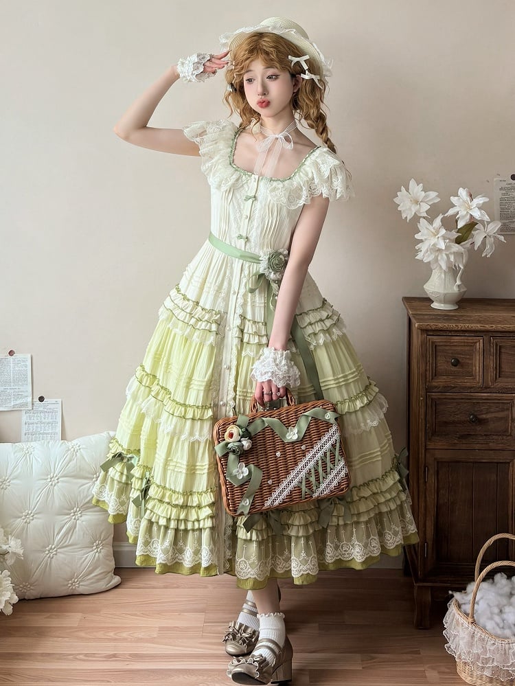 Decorated Flower Green Ribbon Case and Picnic Rattan
