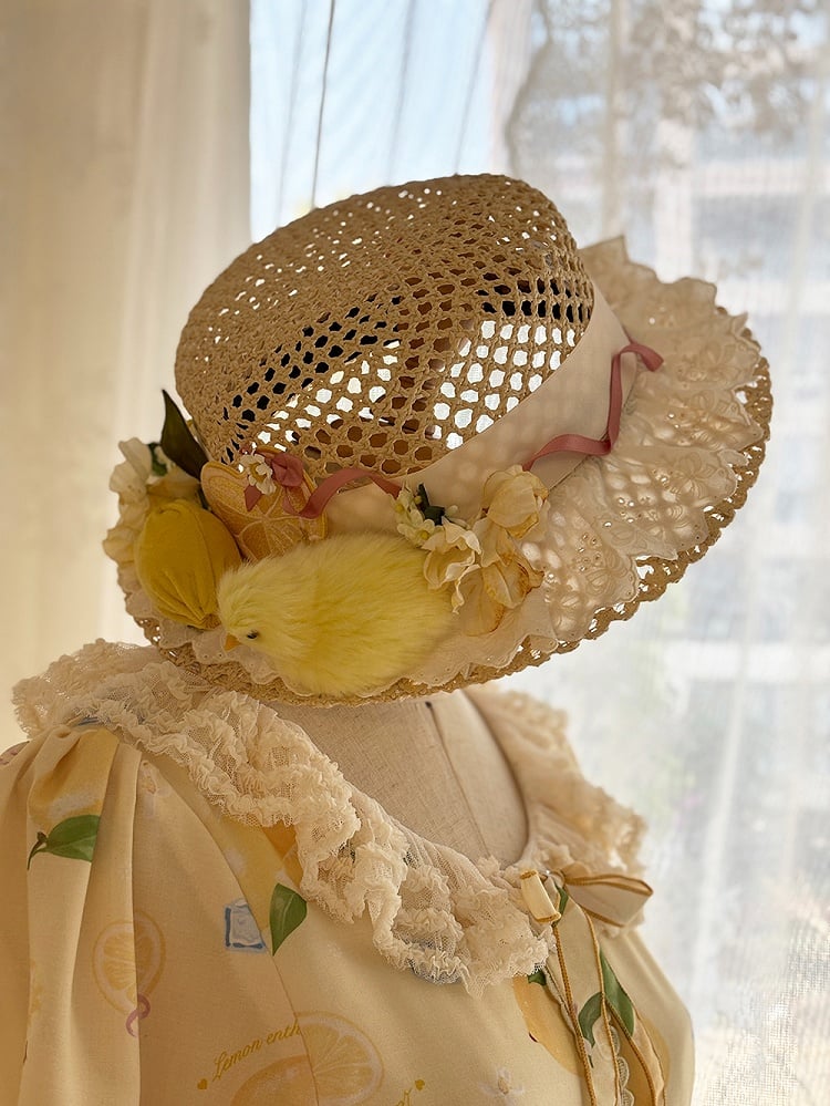 Plush Chick with Hat Flowers and Out Hallow Straw Adorned