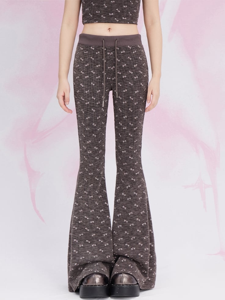 Coffee Bowknot Allover Print Flared Pants