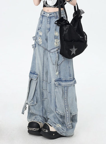 Rise Distressed Holes Jeans Low Blue Wide-leg Cargo