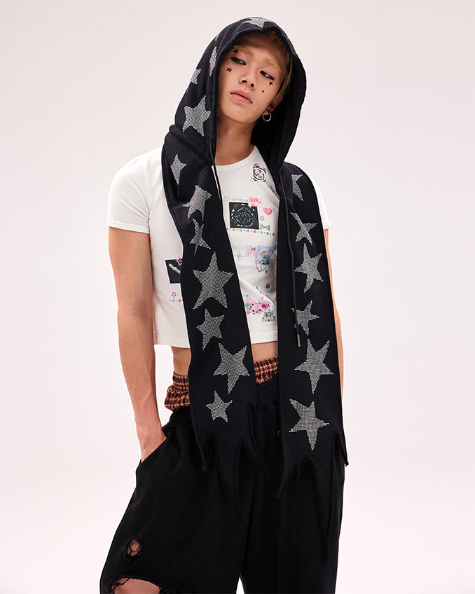 Black/White Star Rhinestones Hat and Scarf All-in-one