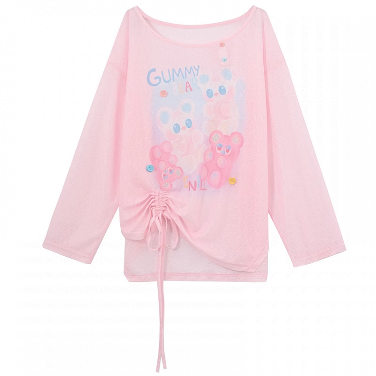 Blue/Pink Cute Semi-sheer Hem Cartoon Print Drawstring Top