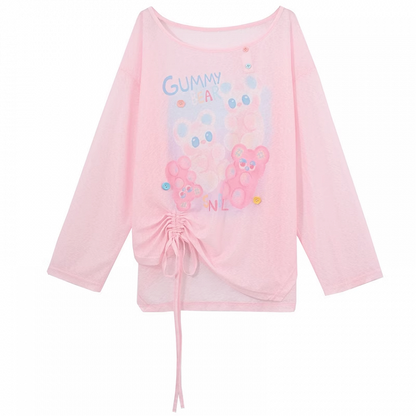 Blue/Pink Cute Semi-sheer Hem Cartoon Print Drawstring Top