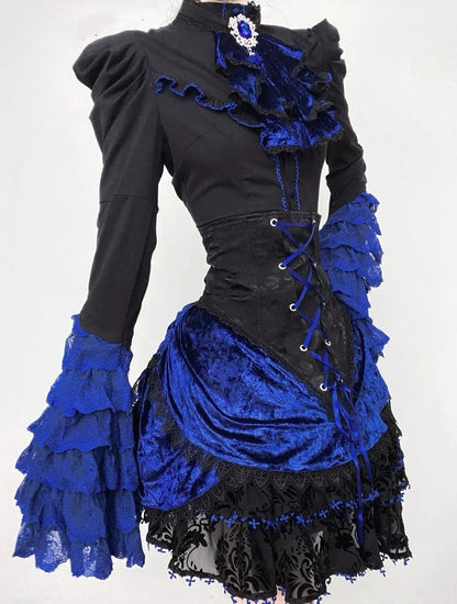 Boned Lolita Waist Tie Shirt Skirt Set Hat Black Gothic Jabot Long Sleeves High + - and Mini Blue Bell Klein Full