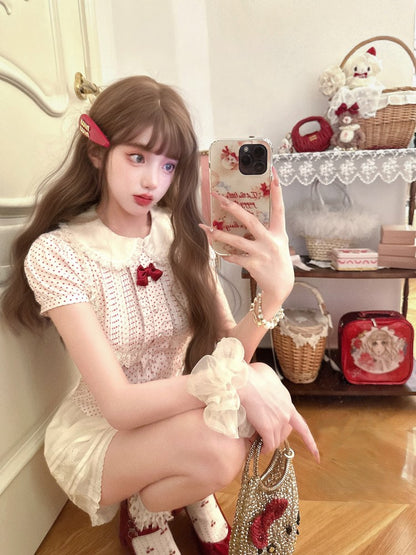 Polka mit Baumwolle Rote Bluse Punkt Akzente Weiß Dollcore