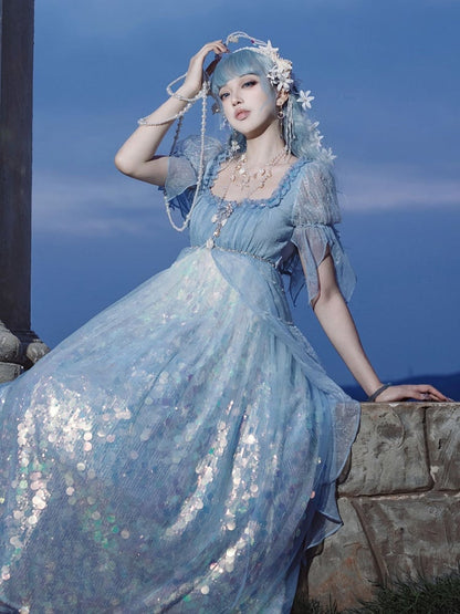 Mermaid-Inspired Sequined Sparkling Dress Empire Blue Waist Lolita