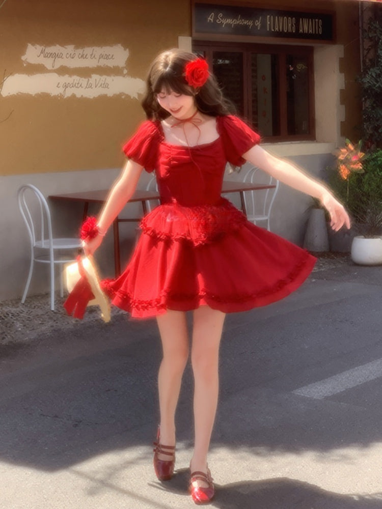 Pleating Waist Hem Details Vintage Dress Red Square Neckline Puff Sleeves Ruffle