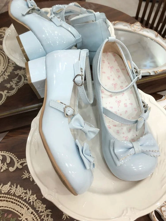 PU Blue Lolita Mary Sweet Janes Bow Accents Low-heel/Mid-heel