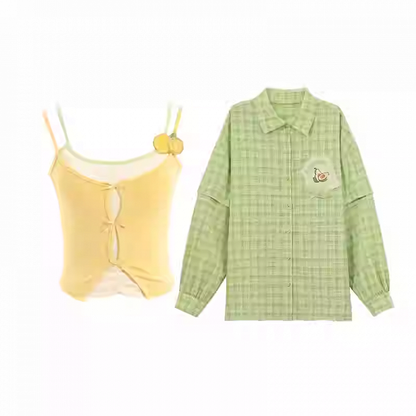 Yellow Faux Two-Pieces Cami Top with Green Plaid Shirt Set