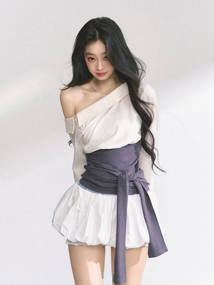 Beige Asymmetrical Neckline Shirt with Purple Corset Belt