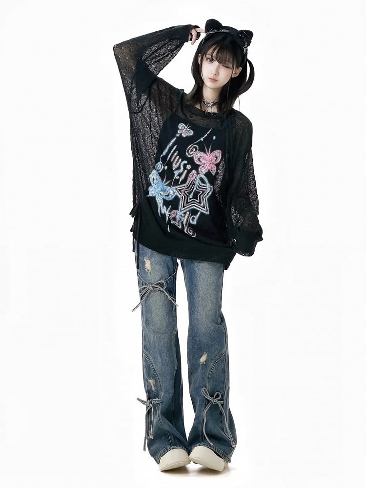 Bow Accents Flared Jeans Blue Faded Wash Distressed Holes Light