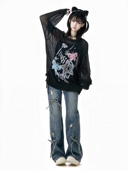Bow Accents Flared Jeans Blue Faded Wash Distressed Holes Light
