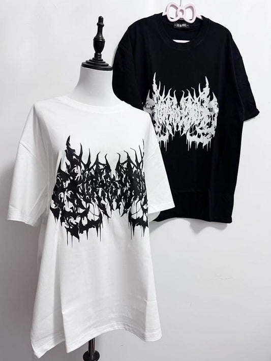 Schmetterling Weiß/Schwarz T-Shirt Halsdruck Jirai Round Kei