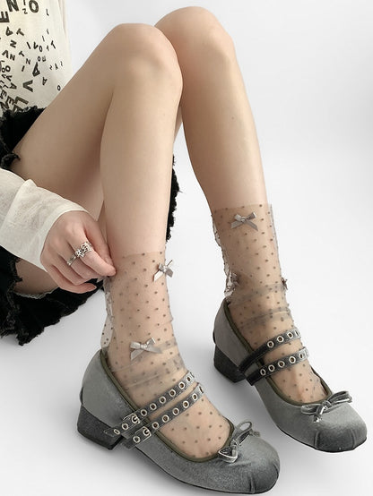 White/Black/Brown/Gray/Purple/Green Details Socks Pattern Bowknot Polka-dot Calf
