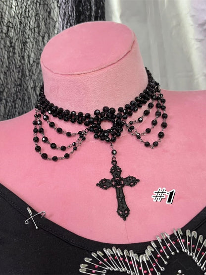 Black Punk Cross Pendant Beaded Necklace