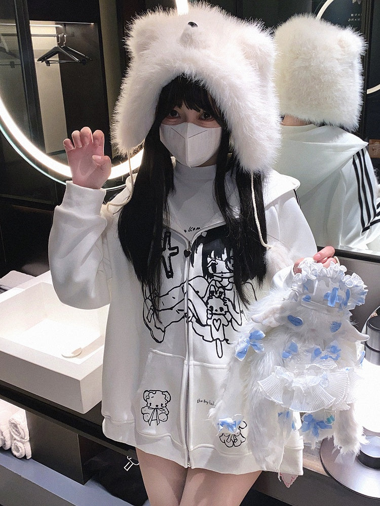 Jirai Kei White/Black Yami Kawaii Angel Girl Zip Hoodie