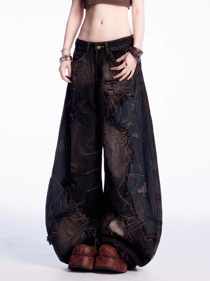 Raw Black Low Hem Rise Distressed Holes Wide-leg Jeans