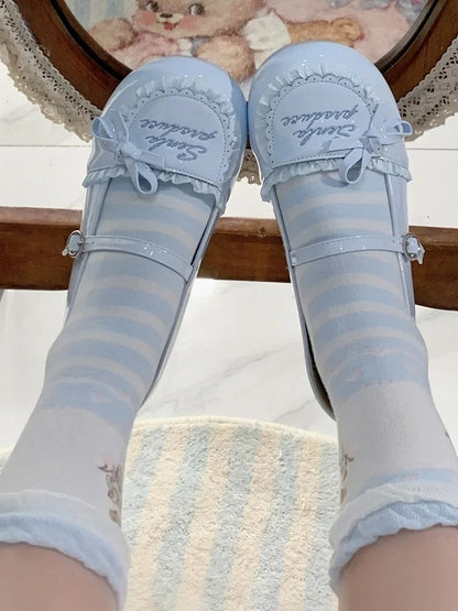 Trim Flats Toe Runde PU Rüschen Stickerei Brief Blau Baby Leder