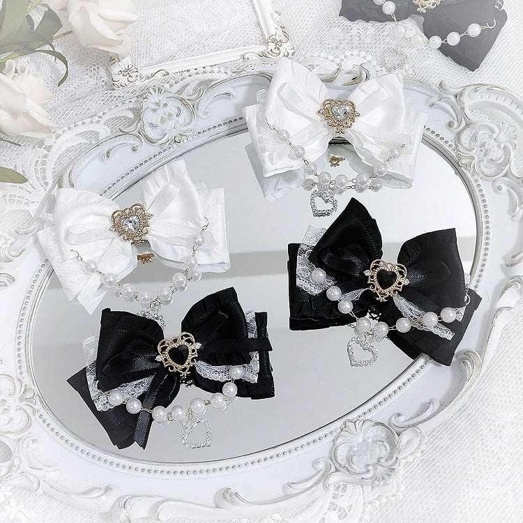 Jirai Kei Sweetheart Beaded Chain and Rhinestone Adorned Bowknot Hairclips