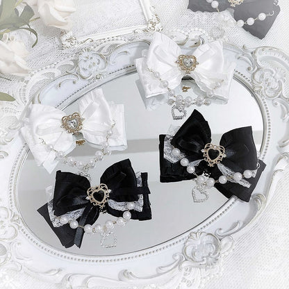 Jirai Kei Sweetheart Beaded Chain and Rhinestone Adorned Bowknot Hairclips