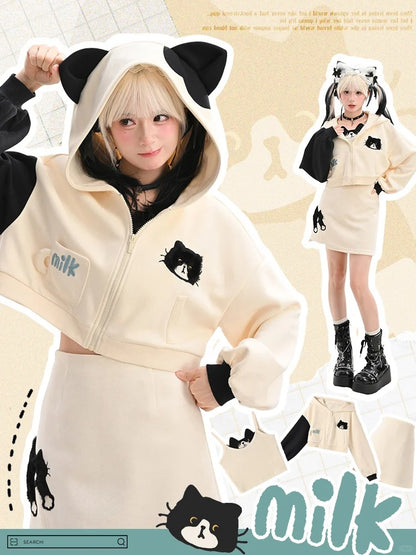 Black and White Kitty Ear Hood Kitty Pattern Zip Closure Cropped Hoodie