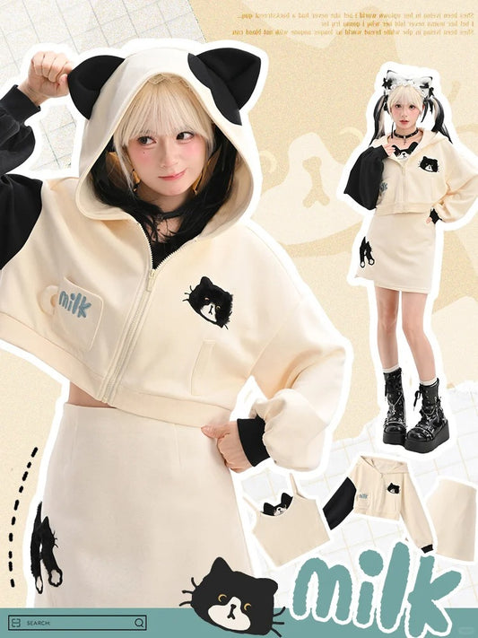 Black and White Kitty Ear Hood Kitty Pattern Zip Closure Cropped Hoodie