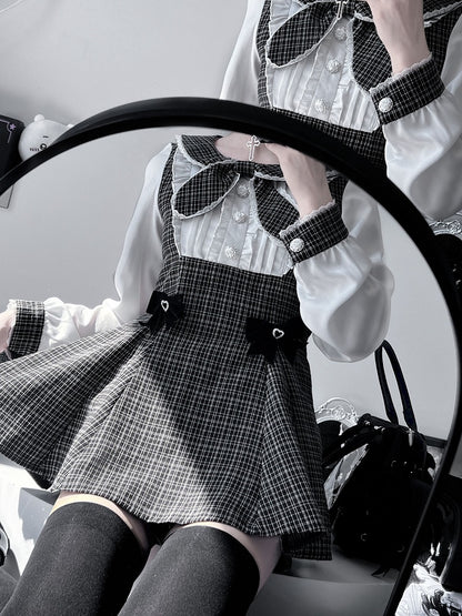 Bowknot Kei Plaid Details Jirai Black Outfit-Pleating Long + Top Shorts Sleeves Design