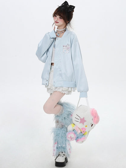 Light Blue/Pink Cats Spring Baseball Jacket
