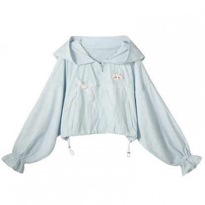 Kawaii Kapuze Spitze Schleife Sonnenschutz Jacke Blau Kitty Ohren Design Yume