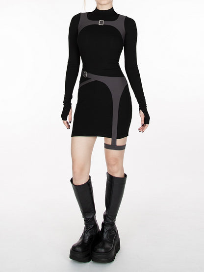 Cyberpunk Futuristic Black & Gray Buckle Strap Dress Waist Belt and Harness All-in-one with Garter