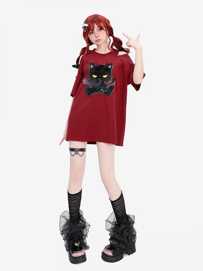 Dark Red Plush Evil Kitty Applique Cutout Shoulder Punk T-shirt