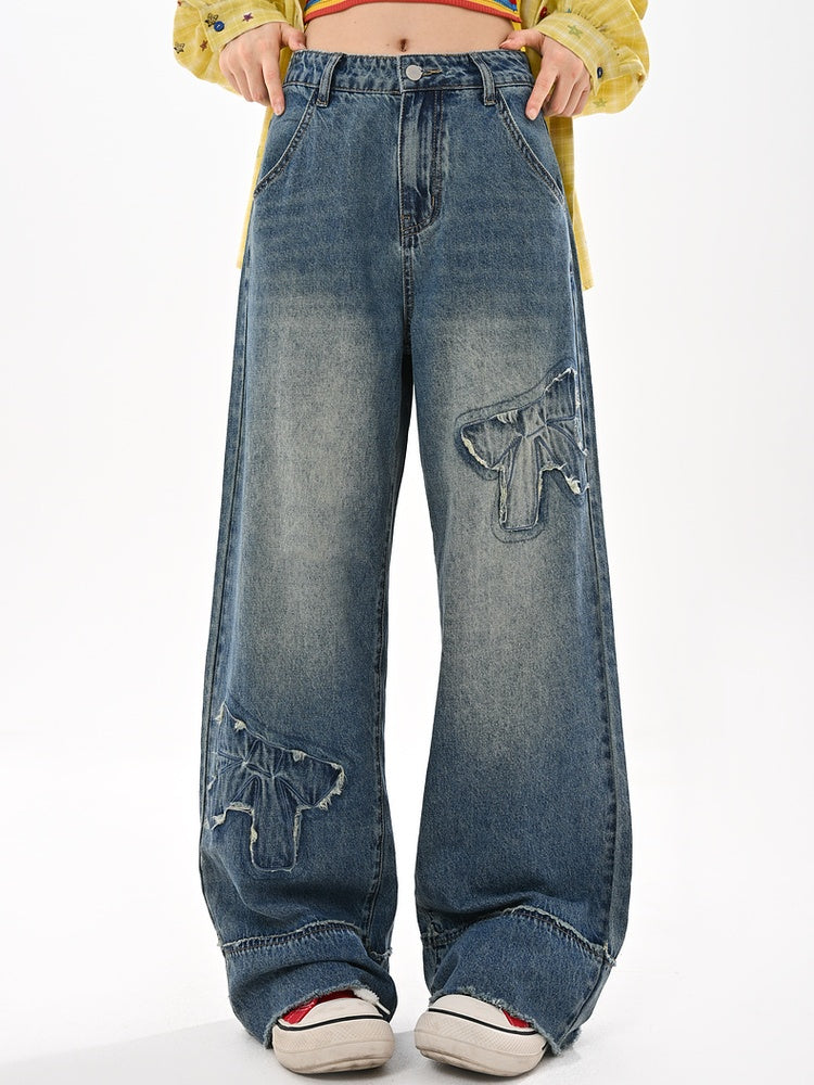 Raw Wide-Leg Jeans Waist Bowknot Appliques Blue Low Hem Vintage