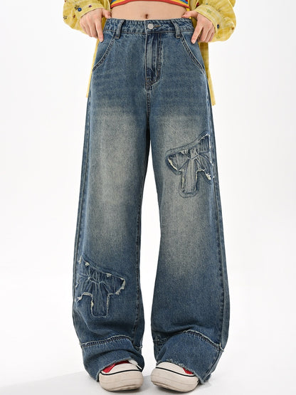 Raw Wide-Leg Jeans Waist Bowknot Appliques Blue Low Hem Vintage