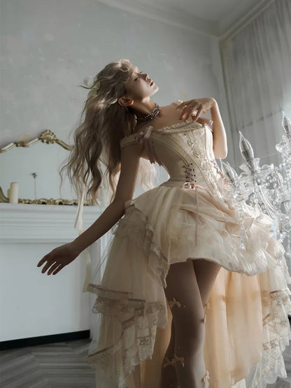 Champagne Lace-up Details Boned Corset Top + High-low Layered Lolita Skirt