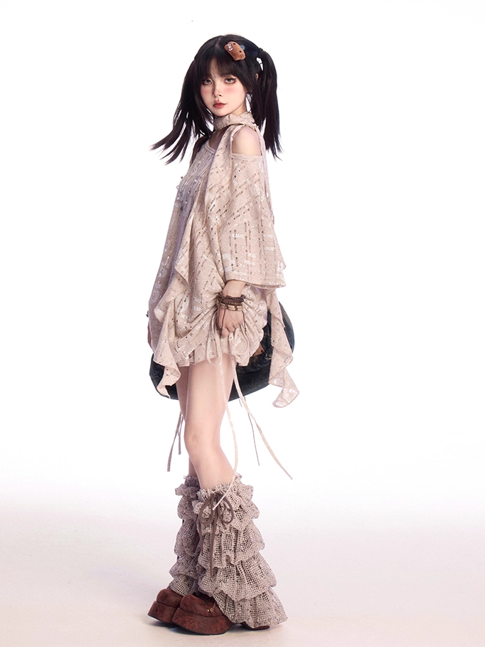 T-shirt with Holes Free Khaki Asymmetrical Neckline Letter Print Distressed Scarf