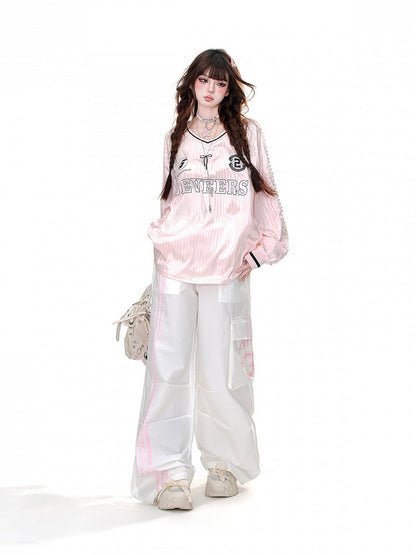 Pink/Gray Striped Pattern V-Neck Loose Sweatshirt