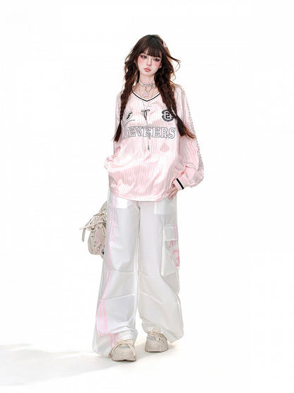 White Drawstring Waist Cargo Loose Straight-Leg Pants Pockets