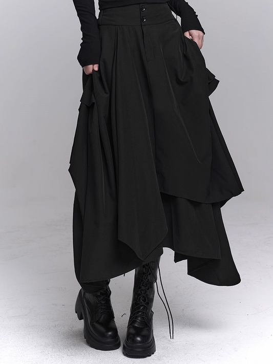 Black Front Button Placket Asymmetrical Hem Skirt