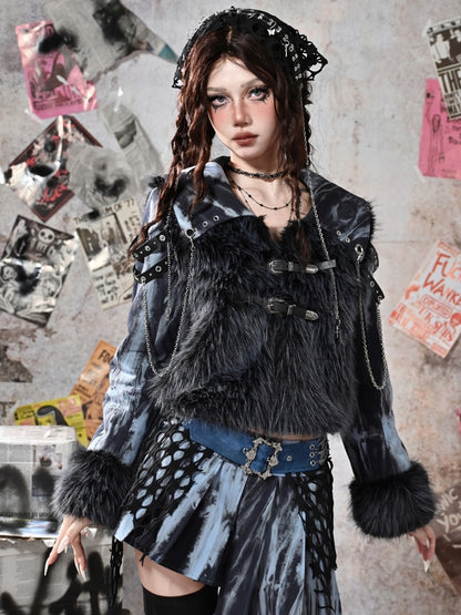 Grunge Punk Rock Blue Faux Fur Patchwork Jacket Chain Detail