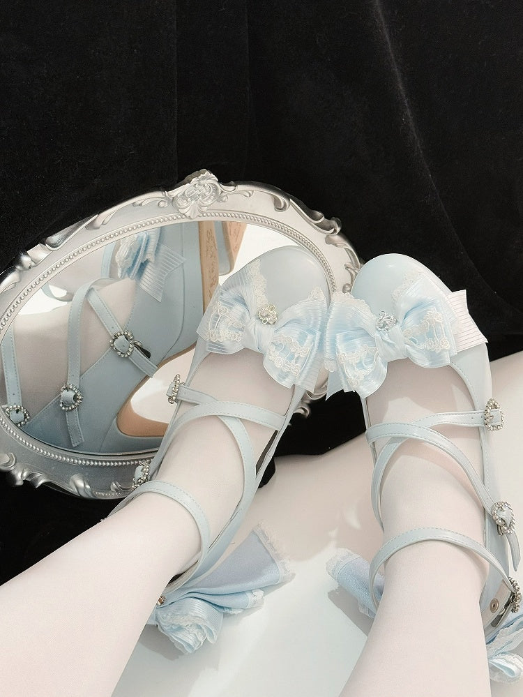High Buckle Blue Design Heels Heart Crisscross Top Light at Bow