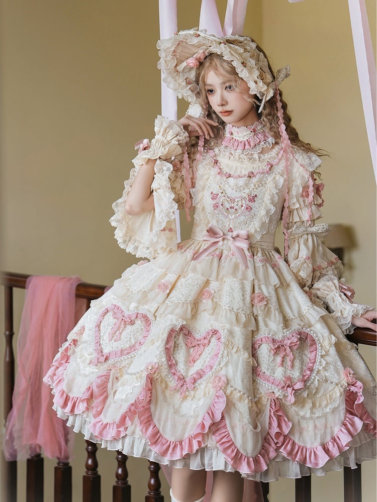 Rosette Embroidery Floral and Bead Chain Details Beige Gorgeous Hanayome Lolita Dress