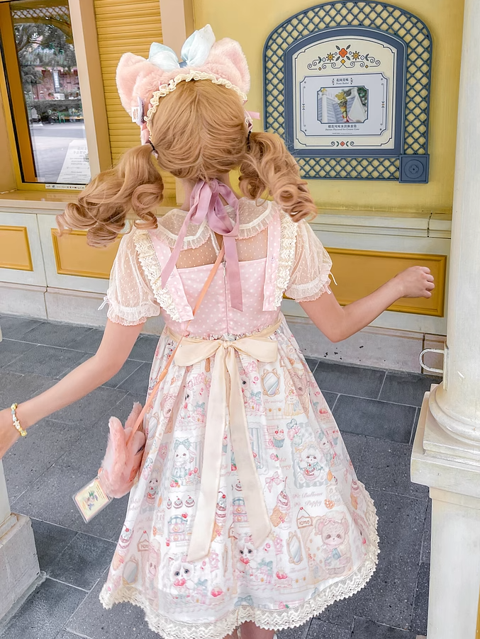 Sweet Lolita Dress Jumper Pink Flutter Sleeves Kitten and Cake Print Skirt