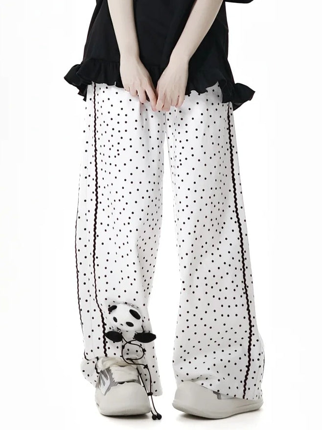 White Polka-Dot Pattern Cotton Straight-Leg Pants with Panda Plushie