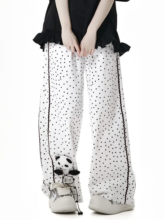 White Polka-Dot Pattern Cotton Straight-Leg Pants with Panda Plushie