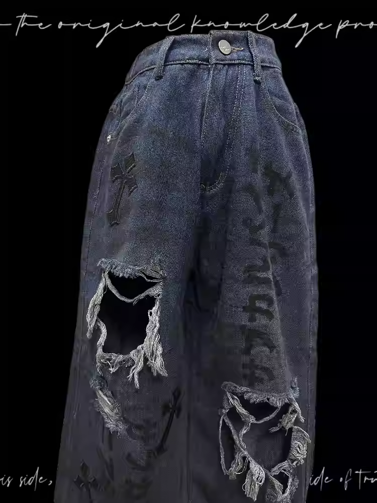 Raw Hem Punk Jeans Blue Distressed Holes