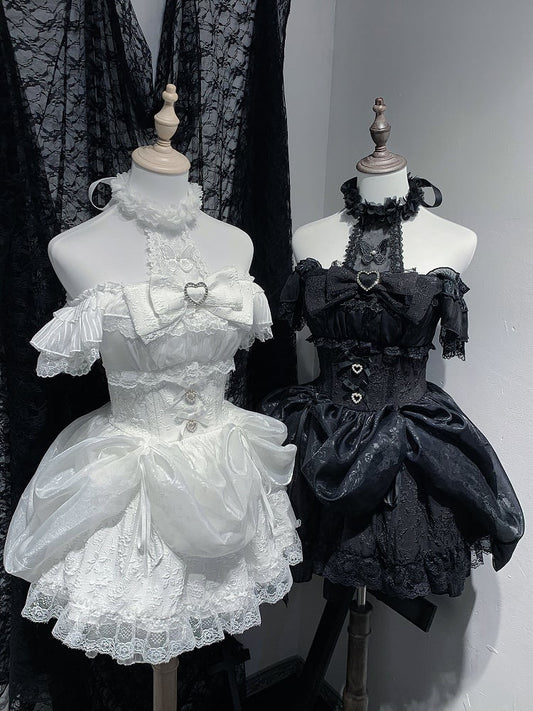 Rock mit Kordelzug in Schwarz/ Jirai Kei Abnehmbares Neckholder-Kleid-Design in Weiß