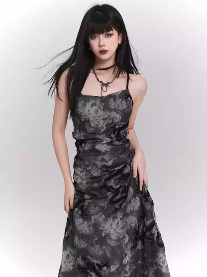 Robe nuisette dos nu/dos couvert à imprimé dragon noir et gris