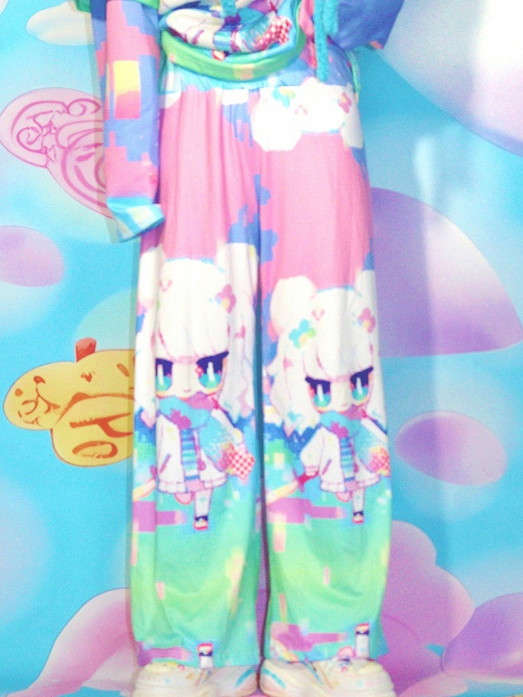 Y2K Gerade geschnittene Hose mit buntem Print und Cartoon-Muster