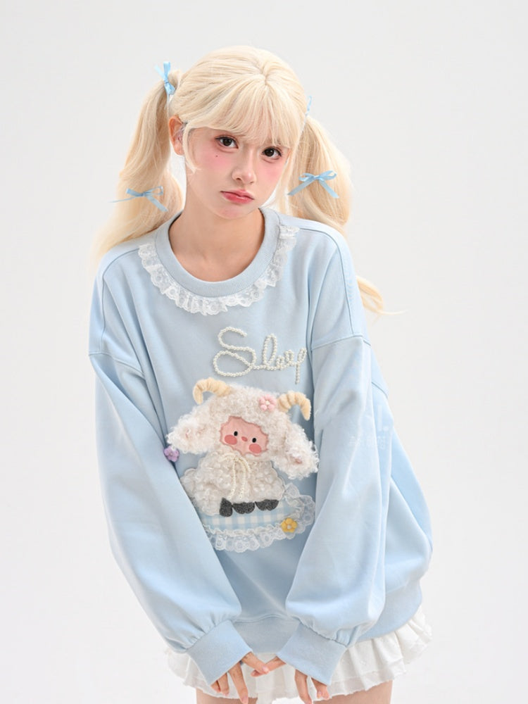Yume Kawaii Blue Plush Lamb Knitted Floral Sweatshirt