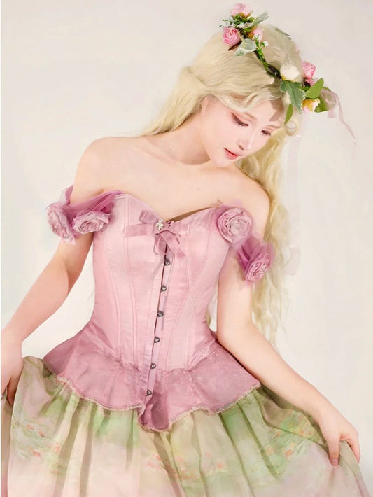 Boned Corset Top with Detachable Floral Adornments Hem Flounce Pink